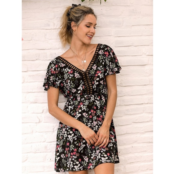 Floral Print Open Back Mini Black Dress - Picture 7 of 9